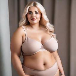 A woman with a curvy figure is wearing a blonde-colored bra