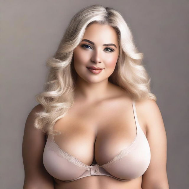 A woman with a curvy figure is wearing a blonde-colored bra