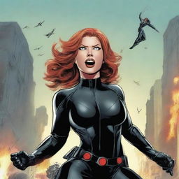 A humorous depiction of Natasha Romanoff, also known as Black Widow, in her iconic black suit from the Marvel universe