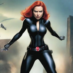 A humorous depiction of Natasha Romanoff, also known as Black Widow, in her iconic black suit from the Marvel universe