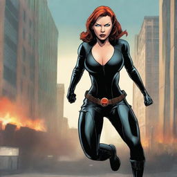 A humorous depiction of Natasha Romanoff, also known as Black Widow, in her iconic black suit from the Marvel universe