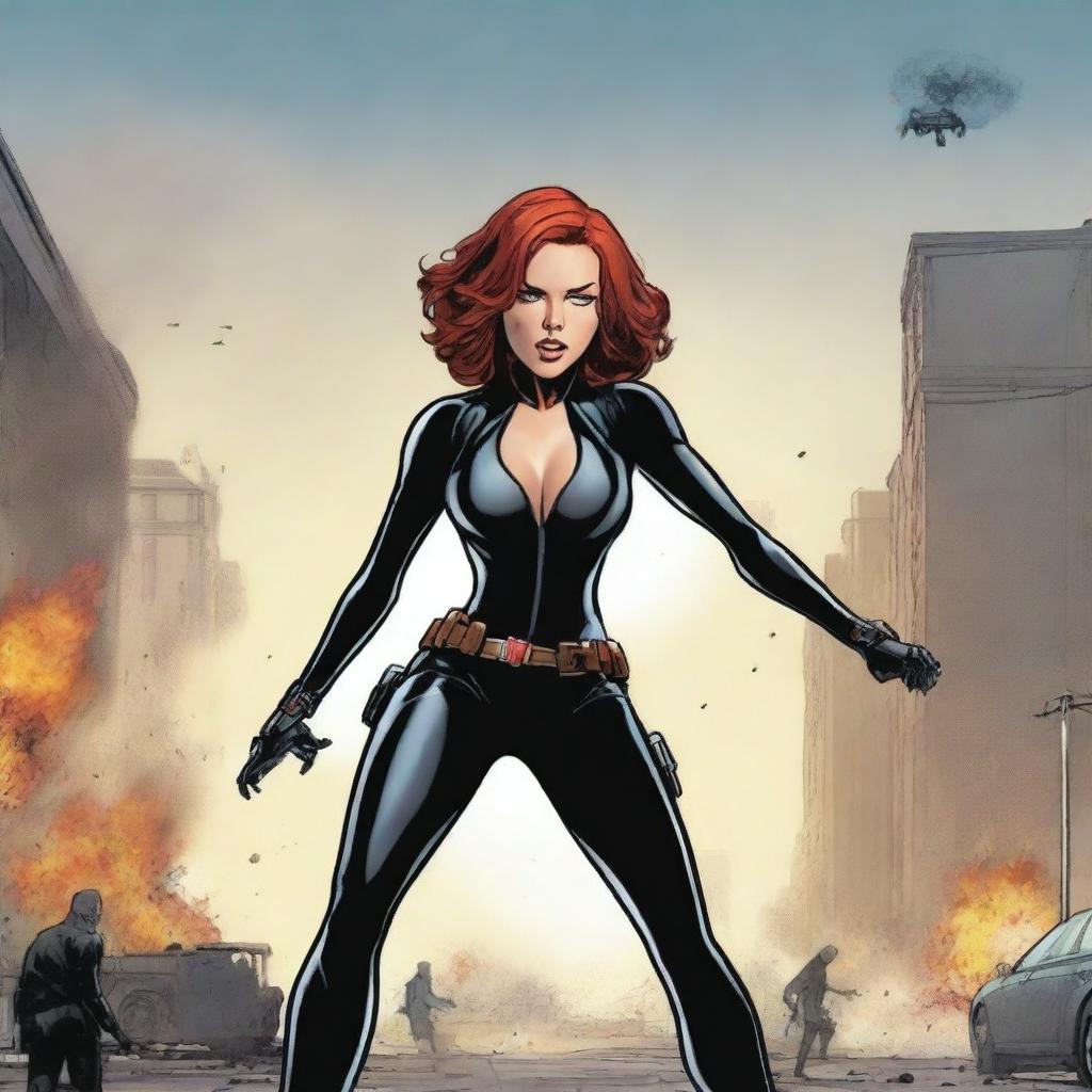 A humorous depiction of Natasha Romanoff, also known as Black Widow, in her iconic black suit from the Marvel universe