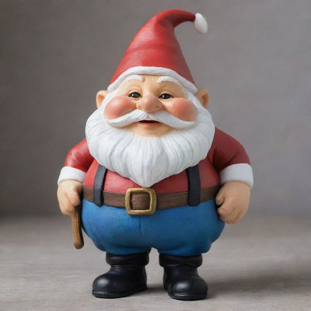 A short and plump gnome with a cheerful face and a jolly demeanor dressed in traditional gnome attire