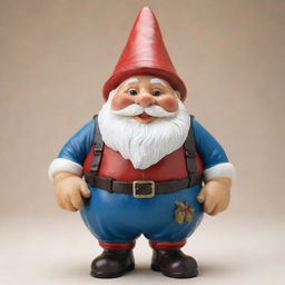 A short and plump gnome with a cheerful face and a jolly demeanor dressed in traditional gnome attire