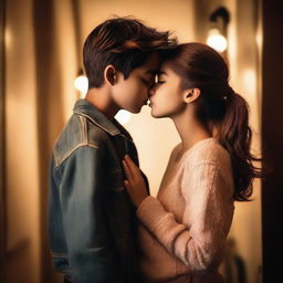 A romantic scene of a boy and girl sharing a passionate kiss