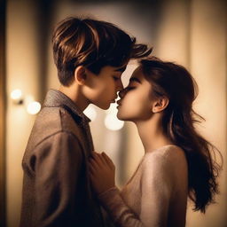 A romantic scene of a boy and girl sharing a passionate kiss