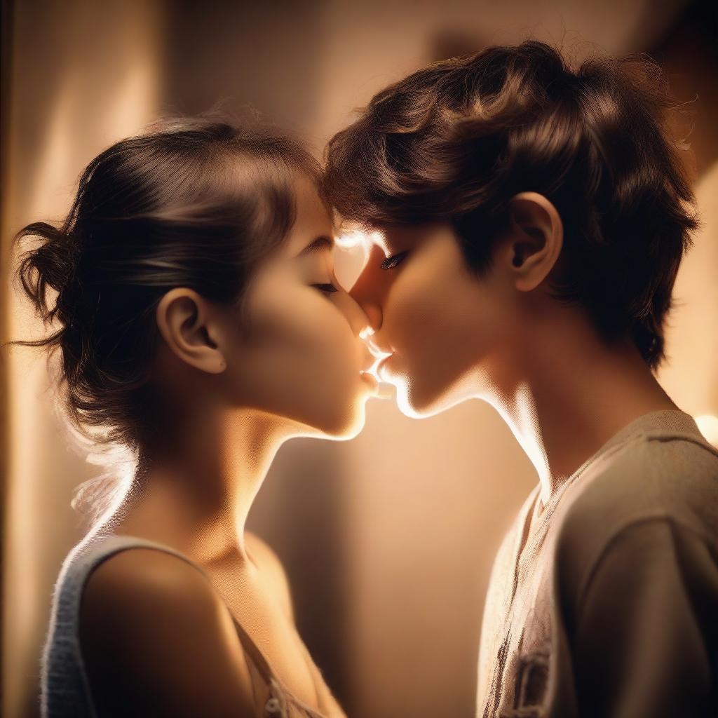 A romantic scene of a boy and girl sharing a passionate kiss