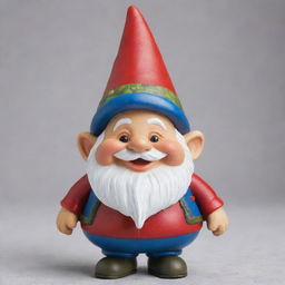 A short and plump gnome with a cheerful face and a jolly demeanor dressed in traditional gnome attire