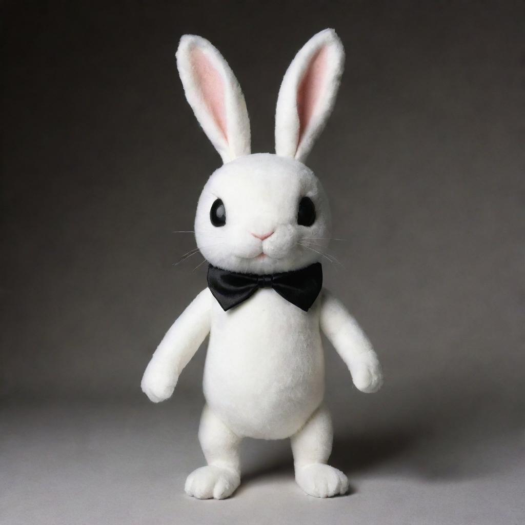 A whimsical bunny featuring a white head and arms, contrasting against a black torso and legs. The creature sports a black collar and erect, white ears.