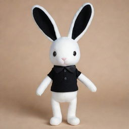 A whimsical bunny featuring a white head and arms, contrasting against a black torso and legs. The creature sports a black collar and erect, white ears.