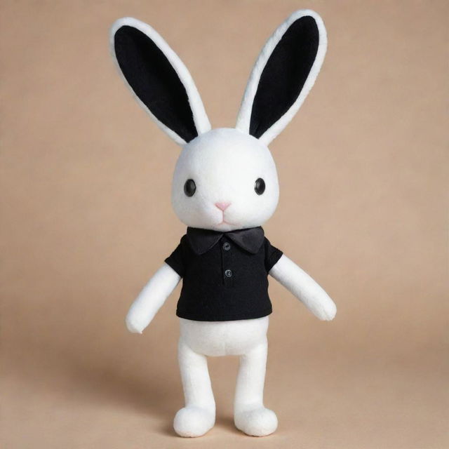 A whimsical bunny featuring a white head and arms, contrasting against a black torso and legs. The creature sports a black collar and erect, white ears.