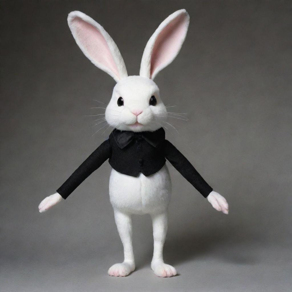 A whimsical bunny featuring a white head and arms, contrasting against a black torso and legs. The creature sports a black collar and erect, white ears.