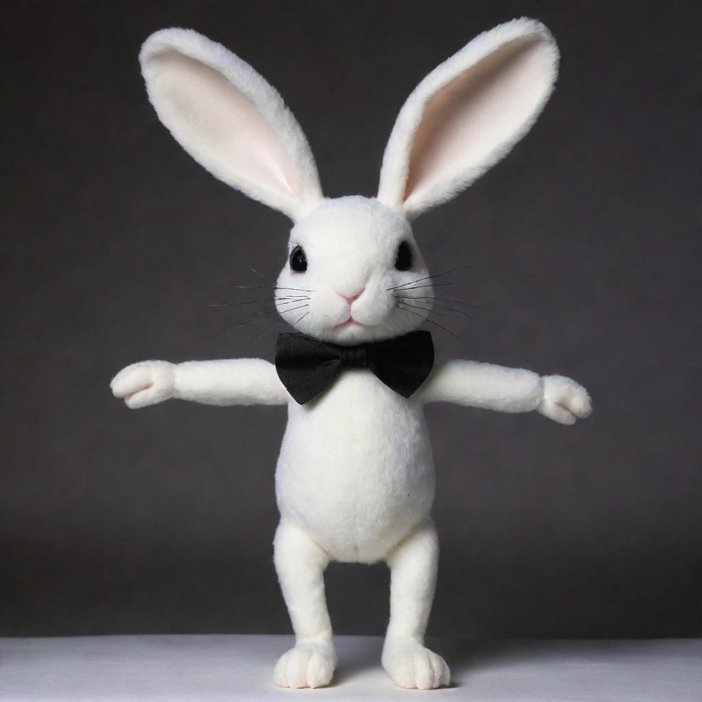 A whimsical bunny featuring a white head and arms, contrasting against a black torso and legs. The creature sports a black collar and erect, white ears.