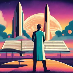 A retro sci-fi scene featuring a mathematician working on complex equations while a sleek rocket spaceship launches in the background