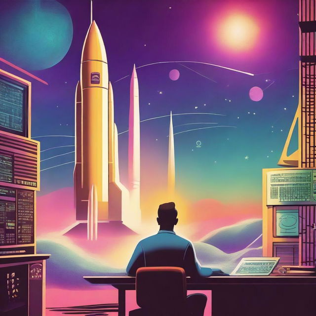 A retro sci-fi scene featuring a mathematician working on complex equations while a sleek rocket spaceship launches in the background