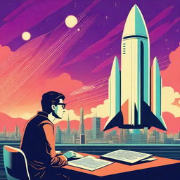 A retro sci-fi scene featuring a mathematician working on complex equations while a sleek rocket spaceship launches in the background