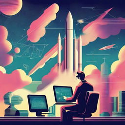 A retro sci-fi scene featuring a mathematician working on complex equations while a sleek rocket spaceship launches in the background