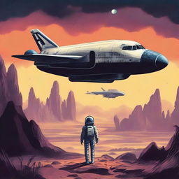 Create a retro sci-fi book cover featuring a human space shuttle approaching a post-apocalyptic alien planet