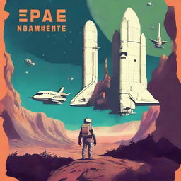 Create a retro sci-fi book cover featuring a human space shuttle approaching a post-apocalyptic alien planet