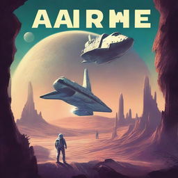 Create a retro sci-fi book cover featuring a human space shuttle approaching a post-apocalyptic alien planet