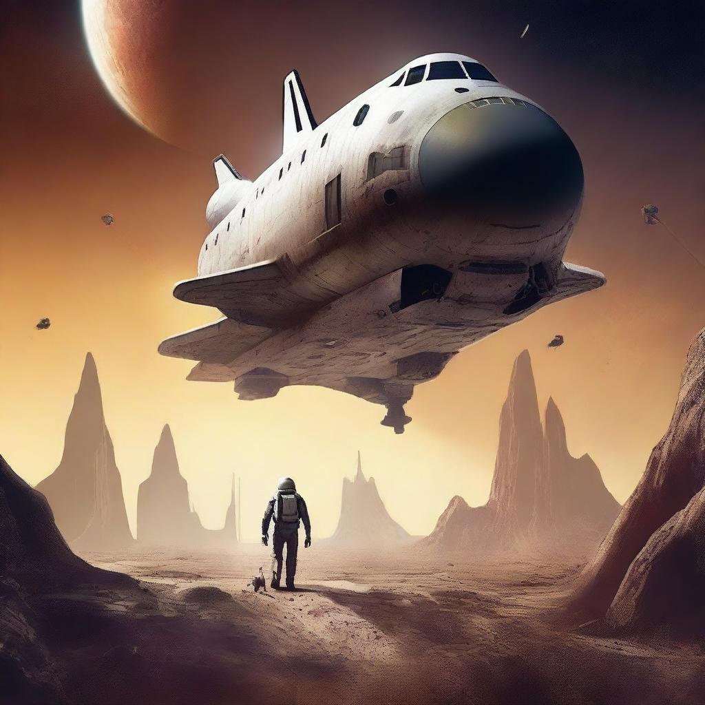 Create a retro sci-fi book cover featuring a human space shuttle approaching a post-apocalyptic alien planet