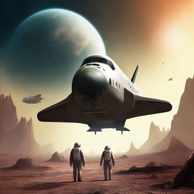 Create a retro sci-fi book cover featuring a human space shuttle approaching a post-apocalyptic alien planet