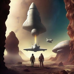 Create a retro sci-fi book cover featuring a human space shuttle approaching a post-apocalyptic alien planet