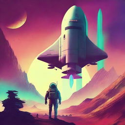 Create a retro sci-fi book cover featuring a human space shuttle approaching a post-apocalyptic alien planet