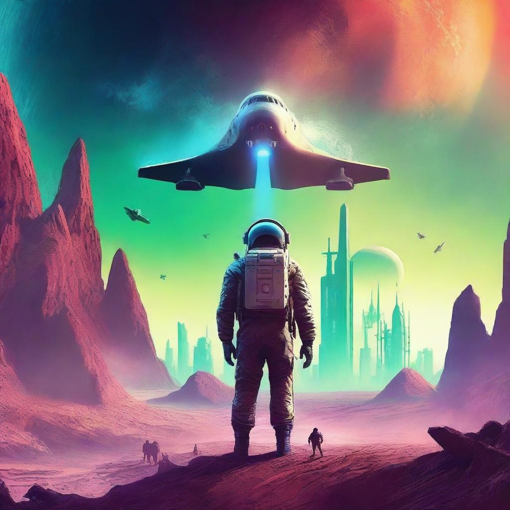 Create a retro sci-fi book cover featuring a human space shuttle approaching a post-apocalyptic alien planet