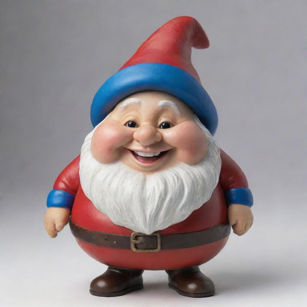 An extremely plump, almost spherical gnome with a joyous face and jolly demeanor, clad in traditional gnome clothing