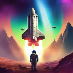 Create a retro sci-fi book cover featuring a human space shuttle approaching a post-apocalyptic alien planet