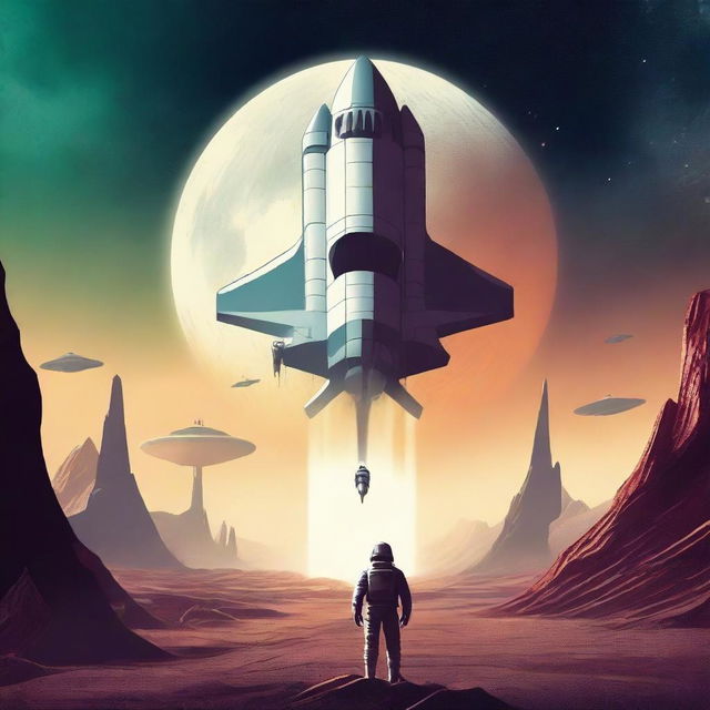 Create a retro sci-fi book cover featuring a human space shuttle approaching a post-apocalyptic alien planet