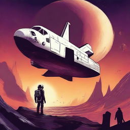 Create a retro sci-fi book cover featuring a human space shuttle approaching a post-apocalyptic alien planet