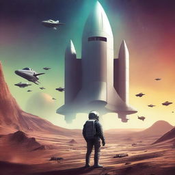 Create a retro sci-fi book cover featuring a human space shuttle approaching a post-apocalyptic alien planet