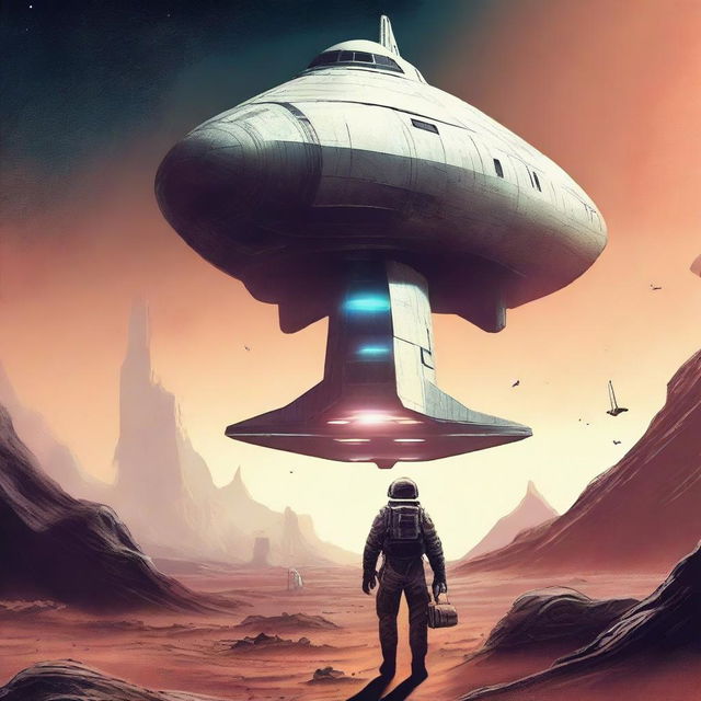 Create a retro sci-fi book cover featuring a human space shuttle approaching a post-apocalyptic alien planet