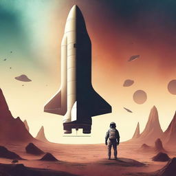 Create a retro sci-fi book cover featuring a human space shuttle approaching a post-apocalyptic alien planet