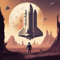 Create a retro sci-fi book cover featuring a human space shuttle approaching a post-apocalyptic alien planet