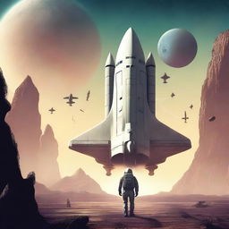 Create a retro sci-fi book cover featuring a human space shuttle approaching a post-apocalyptic alien planet