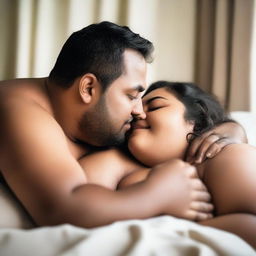 A romantic scene featuring a chubby couple cuddling and kissing in bed, partially clothed