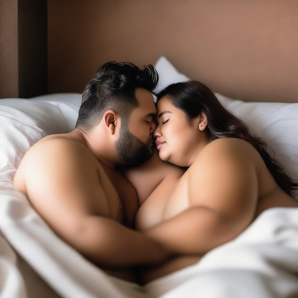 A romantic scene featuring a chubby couple cuddling and kissing in bed, partially clothed