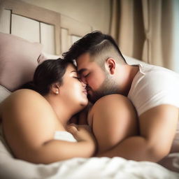 A romantic scene featuring a chubby couple cuddling and kissing in bed, partially clothed