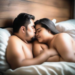 A romantic scene featuring a chubby couple cuddling and kissing in bed, partially clothed