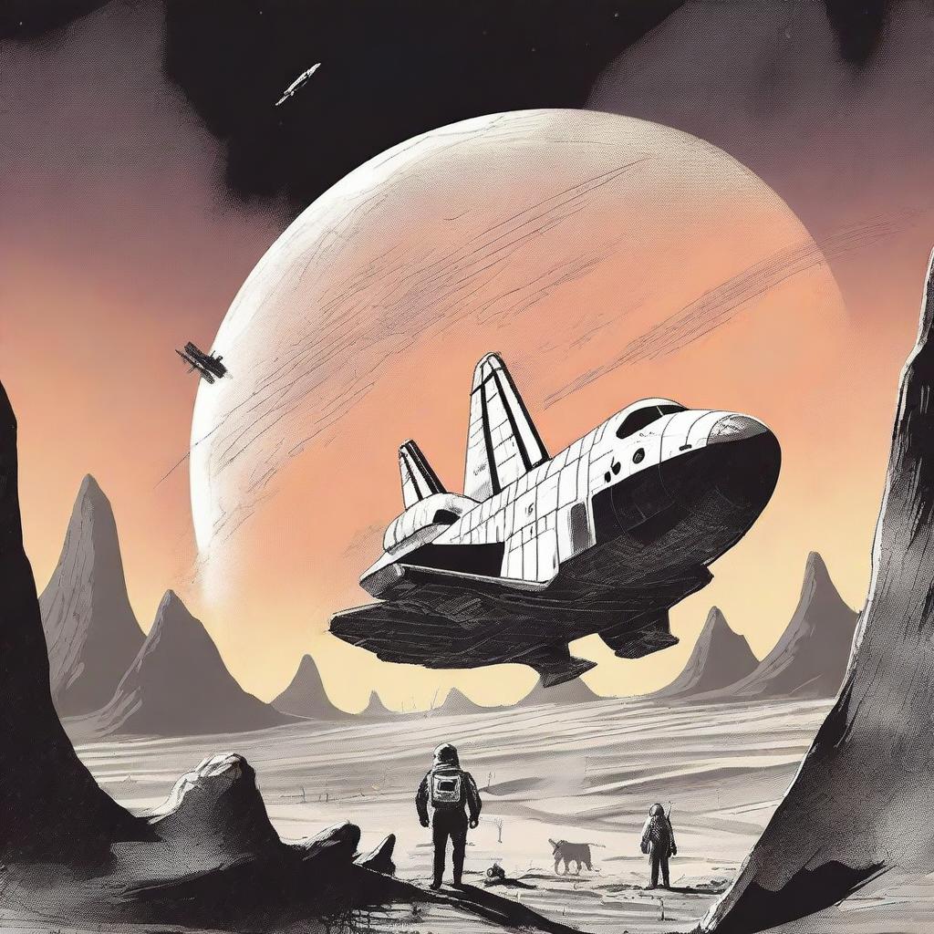 Create a 1960s drawing style retro sci-fi book cover featuring a human space shuttle approaching a post-apocalyptic alien planet