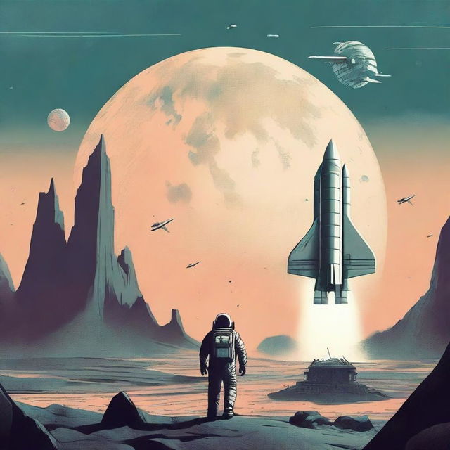 Create a 1960s drawing style retro sci-fi book cover featuring a human space shuttle approaching a post-apocalyptic alien planet