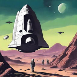 Create a 1960s drawing style retro sci-fi book cover featuring a human space shuttle approaching a post-apocalyptic alien planet