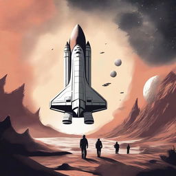 Create a 1960s drawing style retro sci-fi book cover featuring a human space shuttle approaching a post-apocalyptic alien planet