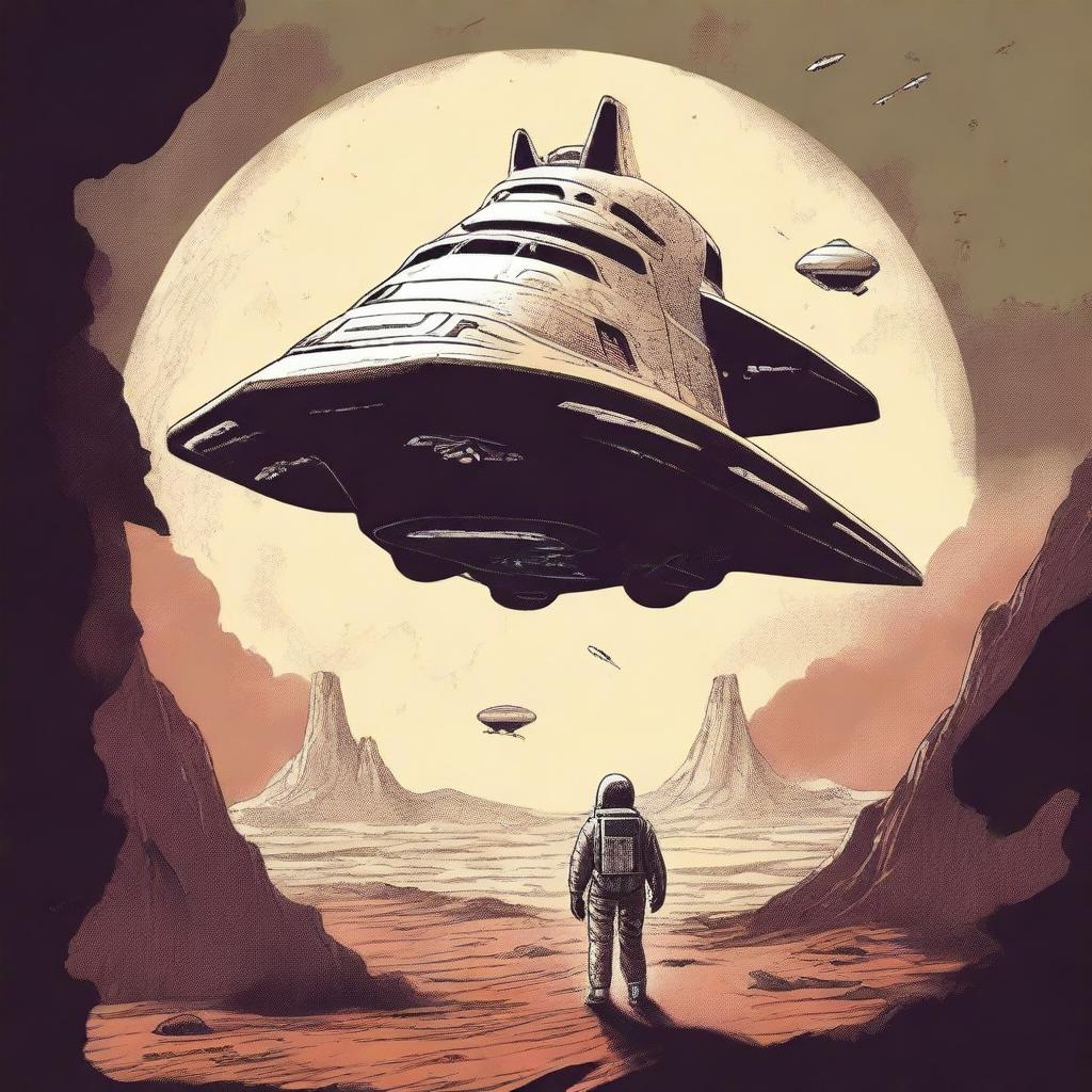 Create a 1970s drawing style retro sci-fi book cover featuring a human space shuttle approaching a post-apocalyptic alien planet