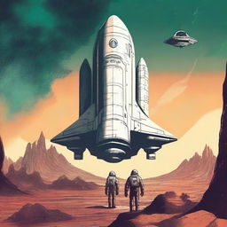 Create a 1970s drawing style retro sci-fi book cover featuring a human space shuttle approaching a post-apocalyptic alien planet