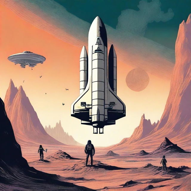 Create a 1970s drawing style retro sci-fi book cover featuring a human space shuttle approaching a post-apocalyptic alien planet