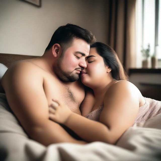 A romantic scene featuring a chubby couple cuddling and kissing in bed, partially clothed